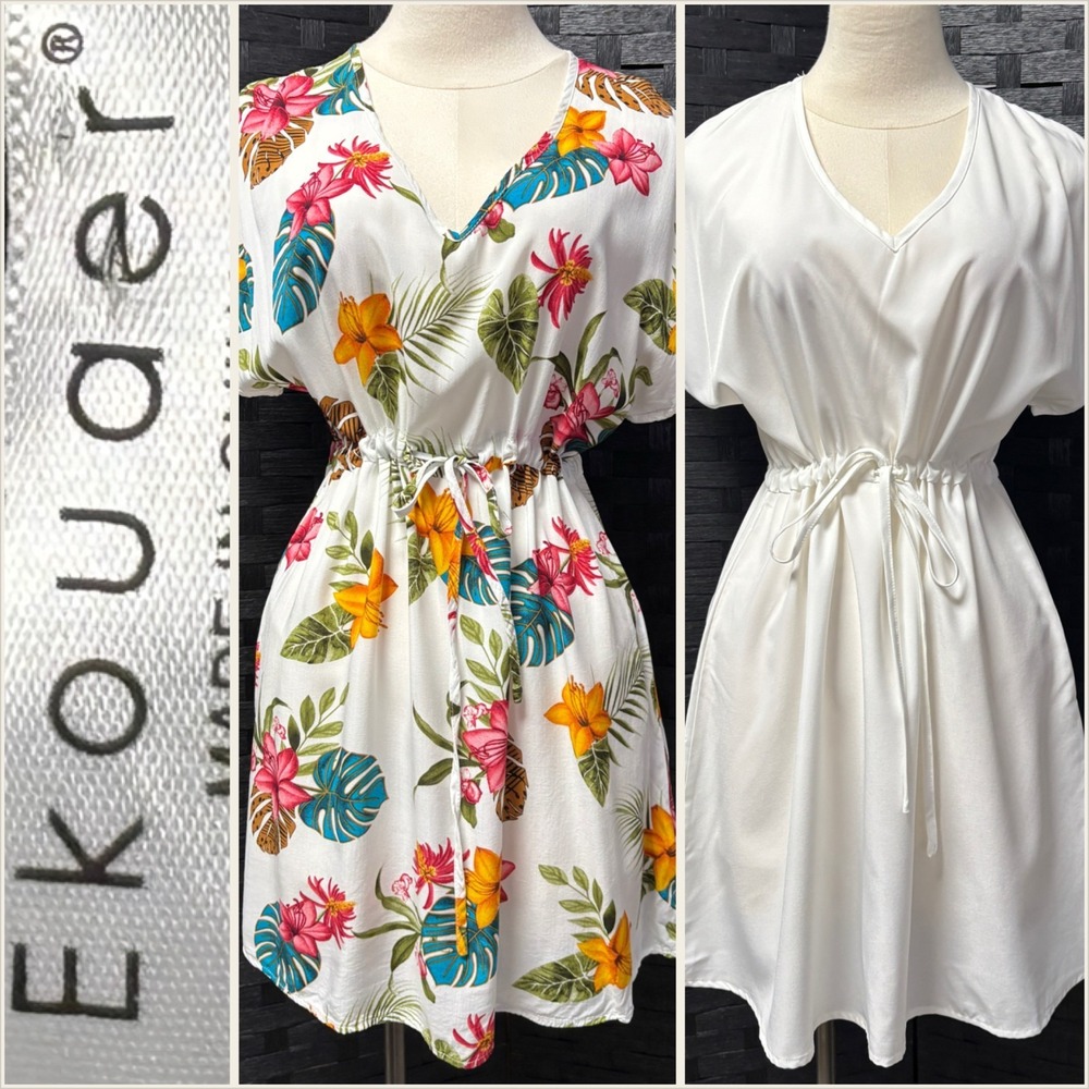 Ekouaer Small 2 Beachwear‎ Cover up White & Floral Tropical Print